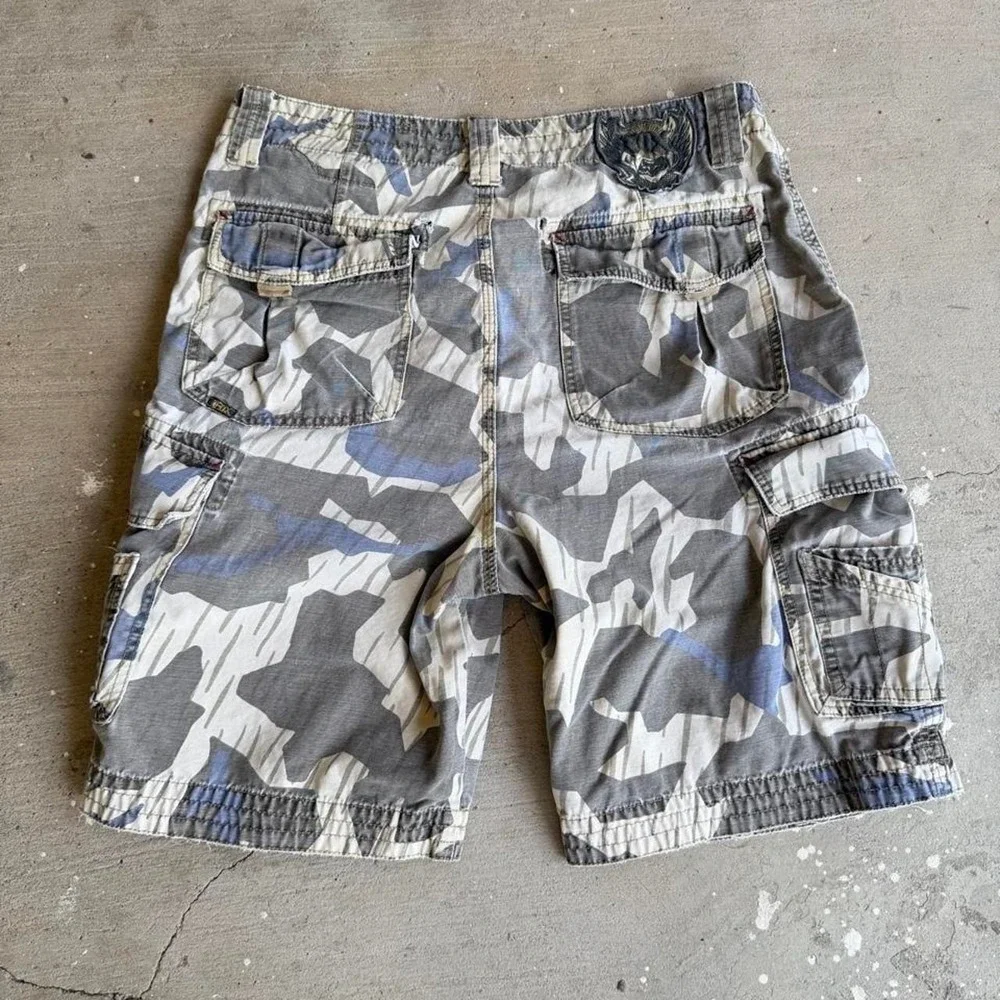 Fox Racing Y2K Gray White Camo Cargo Shorts Mens 33 Embroidery Cotton
